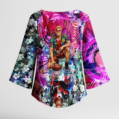 Personalized St Kilda Football Saints Kimono Sleeve Blouse Tropical Hibiscus Flowers - Pacific Fusion Style