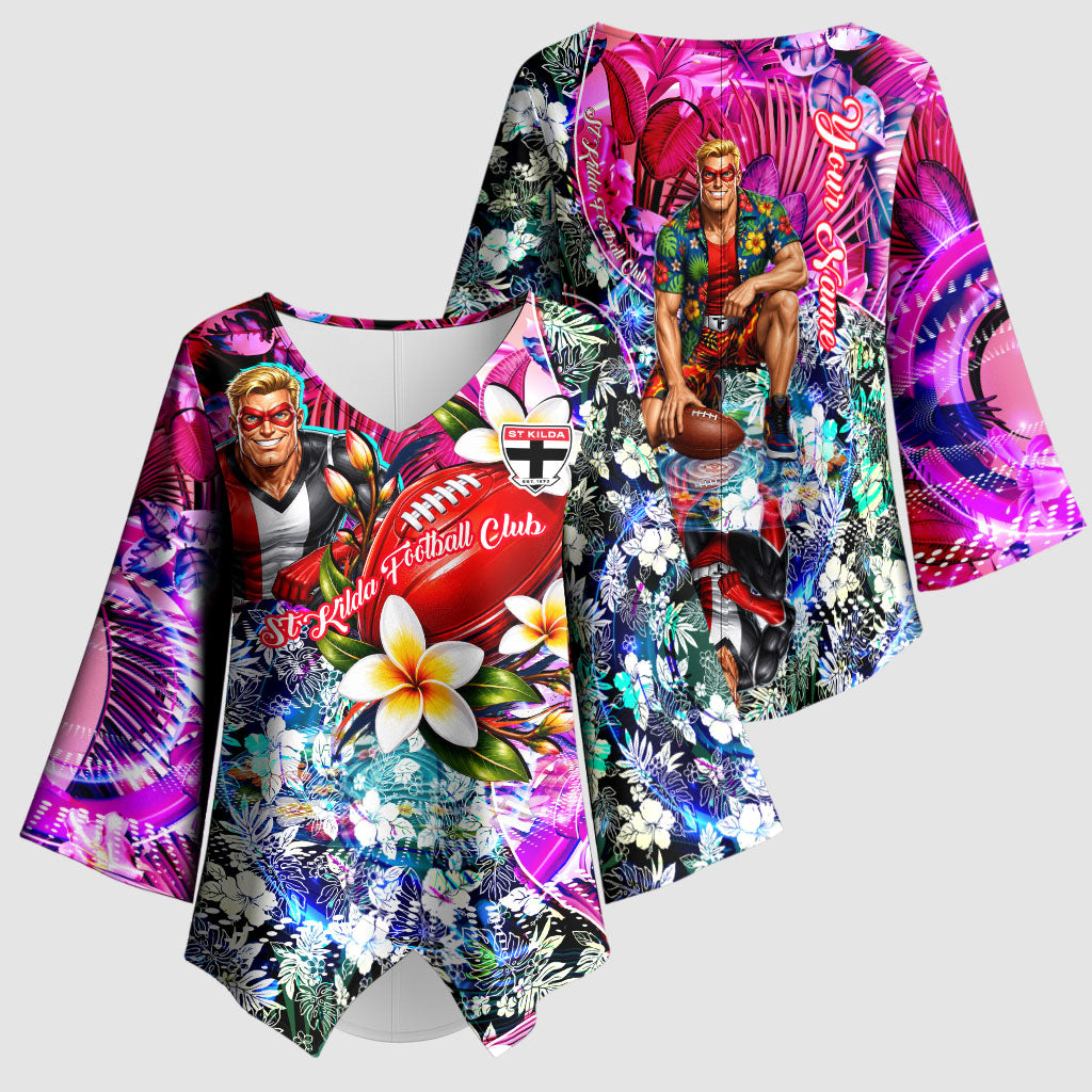 Personalized St Kilda Football Saints Kimono Sleeve Blouse Tropical Hibiscus Flowers - Pacific Fusion Style