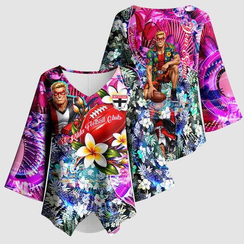 Personalized St Kilda Football Saints Kimono Sleeve Blouse Tropical Hibiscus Flowers - Pacific Fusion Style