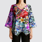 Personalized St Kilda Football Saints Kimono Sleeve Blouse Tropical Hibiscus Flowers - Pacific Fusion Style