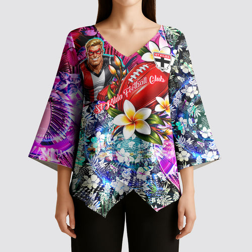 Personalized St Kilda Football Saints Kimono Sleeve Blouse Tropical Hibiscus Flowers - Pacific Fusion Style