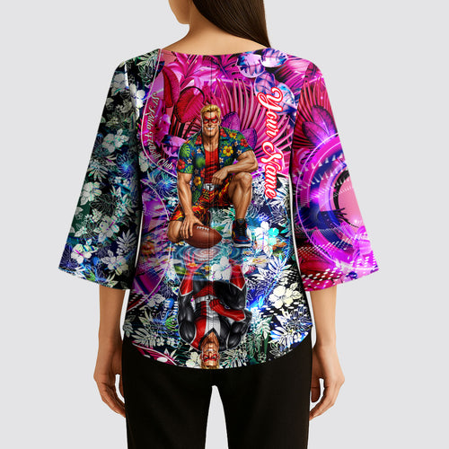 Personalized St Kilda Football Saints Kimono Sleeve Blouse Tropical Hibiscus Flowers - Pacific Fusion Style