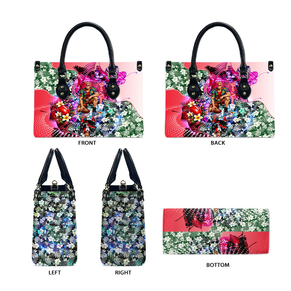 Personalized St Kilda Football Saints Leather Bag Tropical Hibiscus Flowers - Pacific Fusion Style