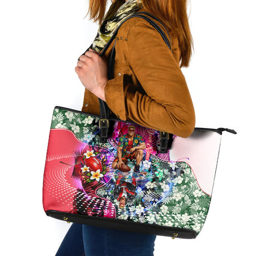 Personalized St Kilda Football Saints Leather Tote Bag Tropical Hibiscus Flowers - Pacific Fusion Style