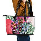 Personalized St Kilda Football Saints Leather Tote Bag Tropical Hibiscus Flowers - Pacific Fusion Style