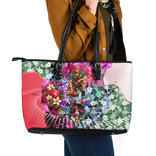 Personalized St Kilda Football Saints Leather Tote Bag Tropical Hibiscus Flowers - Pacific Fusion Style