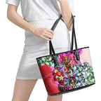 Personalized St Kilda Football Saints Leather Tote Bag Tropical Hibiscus Flowers - Pacific Fusion Style