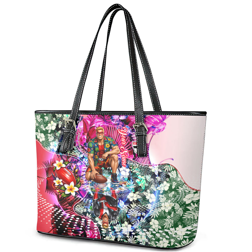 Personalized St Kilda Football Saints Leather Tote Bag Tropical Hibiscus Flowers - Pacific Fusion Style