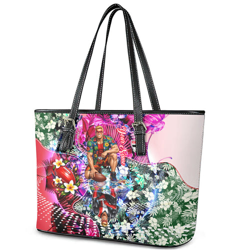 Personalized St Kilda Football Saints Leather Tote Bag Tropical Hibiscus Flowers - Pacific Fusion Style