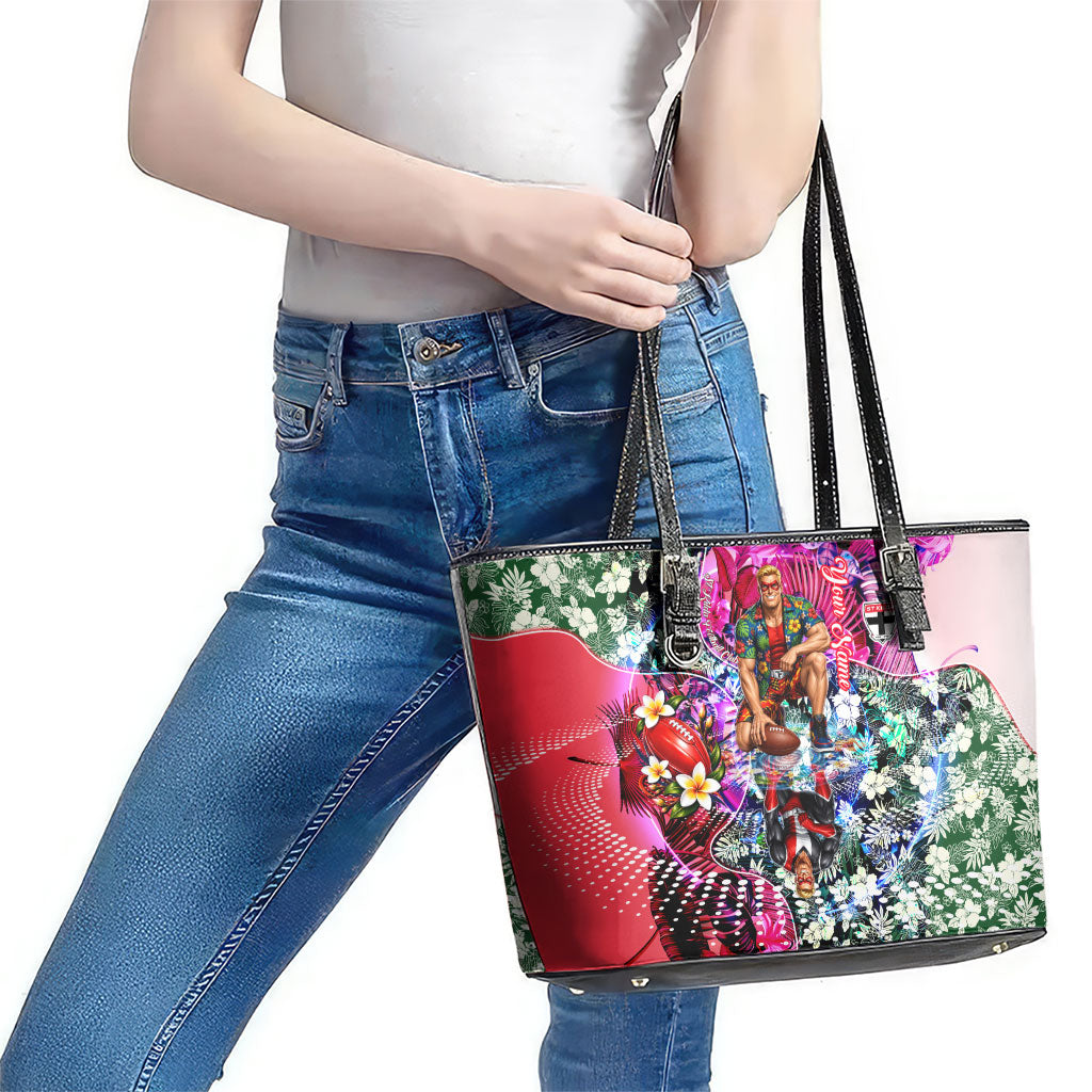 Personalized St Kilda Football Saints Leather Tote Bag Tropical Hibiscus Flowers - Pacific Fusion Style