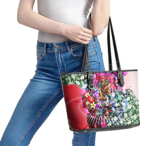 Personalized St Kilda Football Saints Leather Tote Bag Tropical Hibiscus Flowers - Pacific Fusion Style