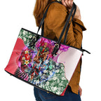 Personalized St Kilda Football Saints Leather Tote Bag Tropical Hibiscus Flowers - Pacific Fusion Style