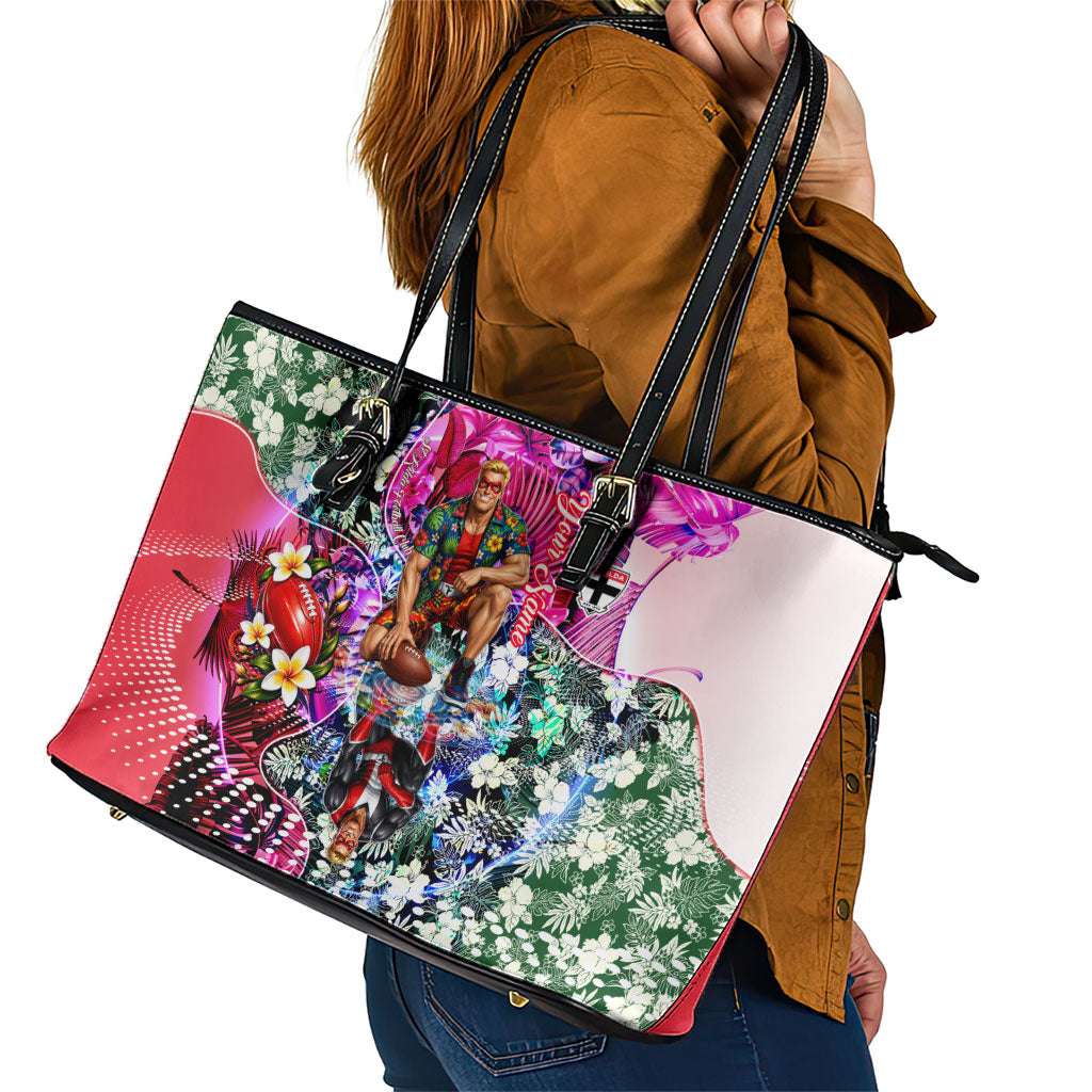 Personalized St Kilda Football Saints Leather Tote Bag Tropical Hibiscus Flowers - Pacific Fusion Style