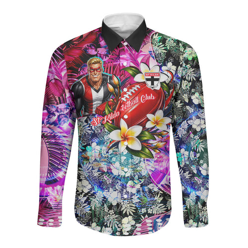 Personalized St Kilda Football Saints Long Sleeve Button Shirt Tropical Hibiscus Flowers - Pacific Fusion Style