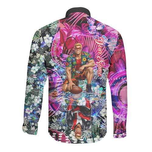 Personalized St Kilda Football Saints Long Sleeve Button Shirt Tropical Hibiscus Flowers - Pacific Fusion Style