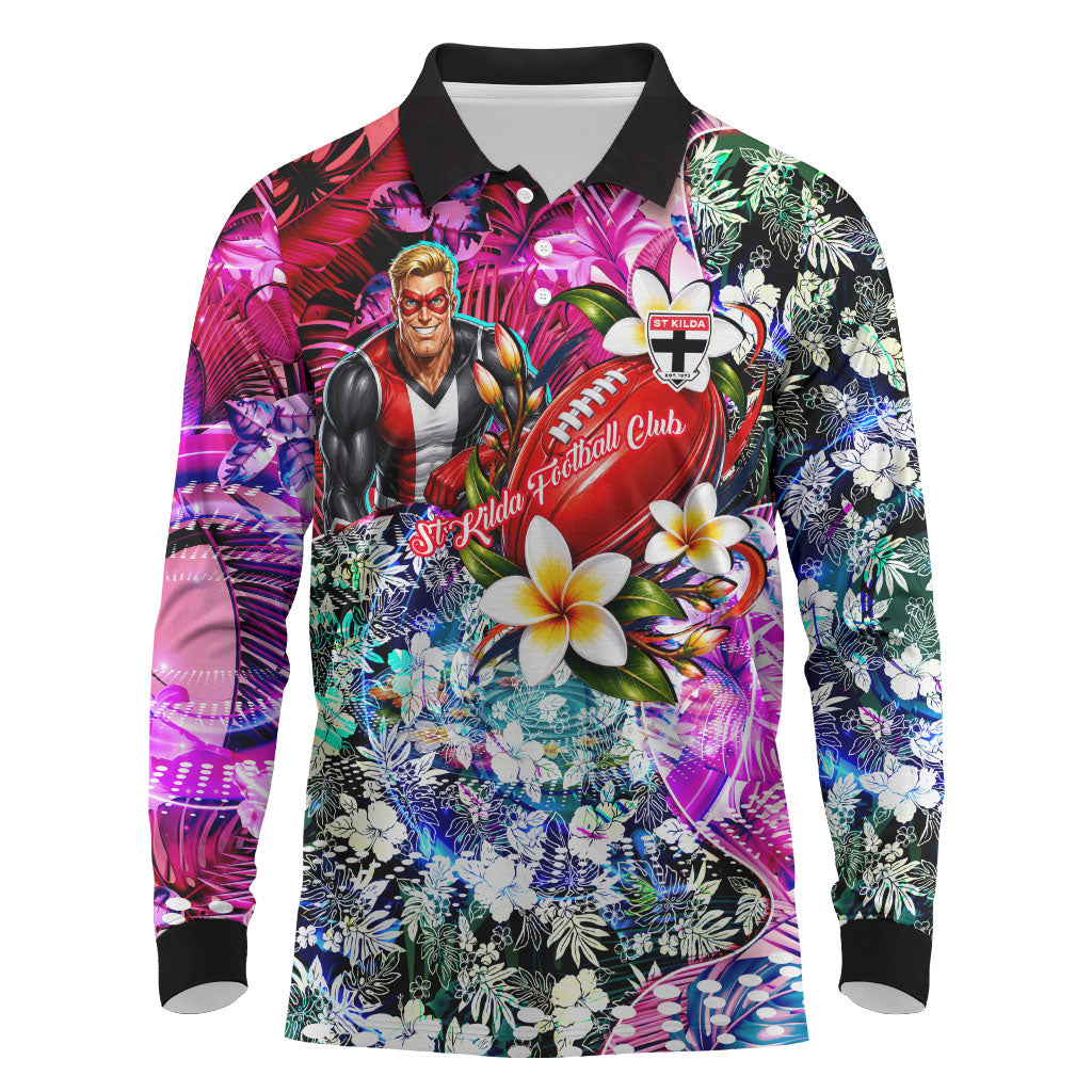 Personalized St Kilda Football Saints Long Sleeve Polo Shirt Tropical Hibiscus Flowers - Pacific Fusion Style