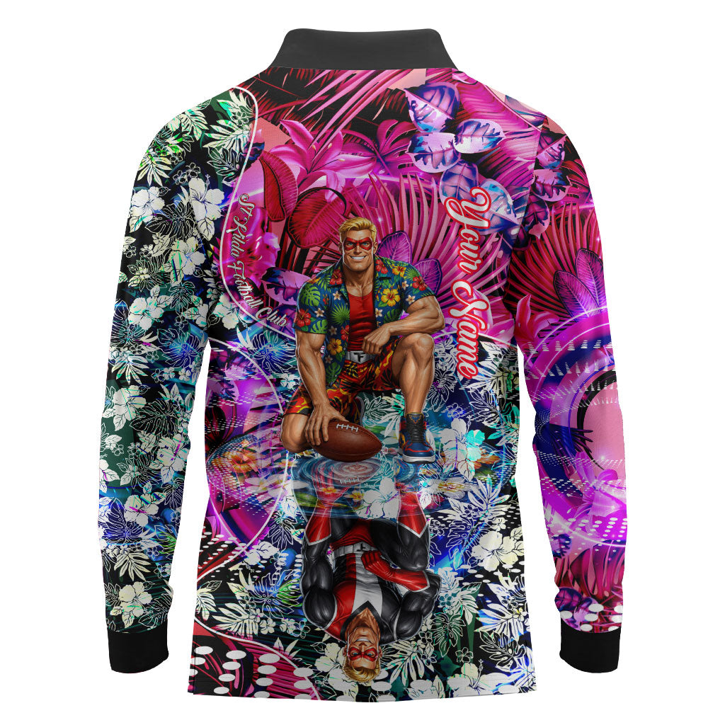Personalized St Kilda Football Saints Long Sleeve Polo Shirt Tropical Hibiscus Flowers - Pacific Fusion Style