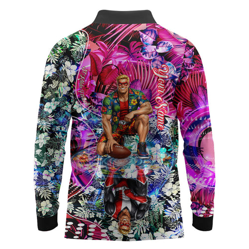 Personalized St Kilda Football Saints Long Sleeve Polo Shirt Tropical Hibiscus Flowers - Pacific Fusion Style