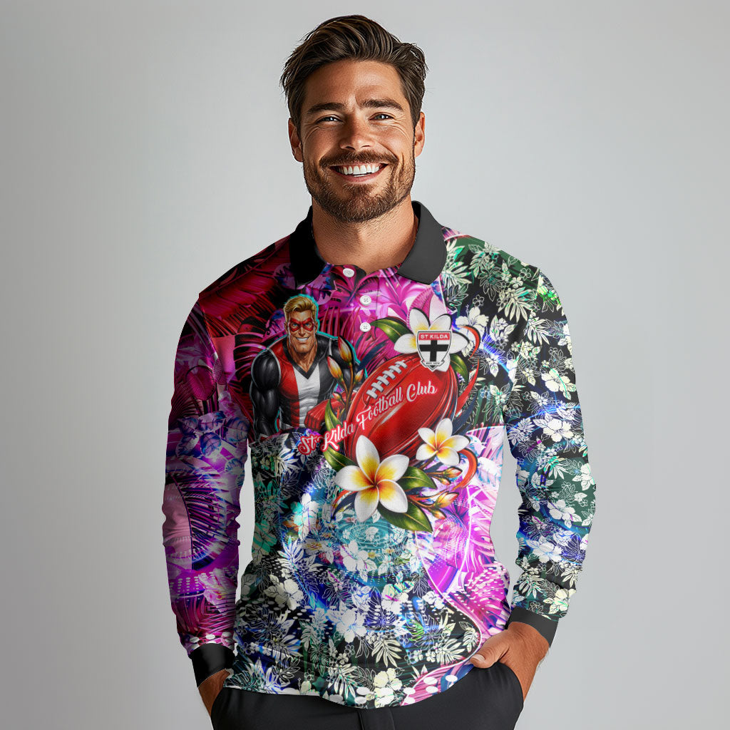 Personalized St Kilda Football Saints Long Sleeve Polo Shirt Tropical Hibiscus Flowers - Pacific Fusion Style