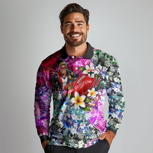 Personalized St Kilda Football Saints Long Sleeve Polo Shirt Tropical Hibiscus Flowers - Pacific Fusion Style