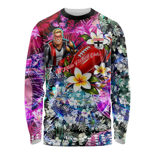 Personalized St Kilda Football Saints Long Sleeve Shirt Tropical Hibiscus Flowers - Pacific Fusion Style