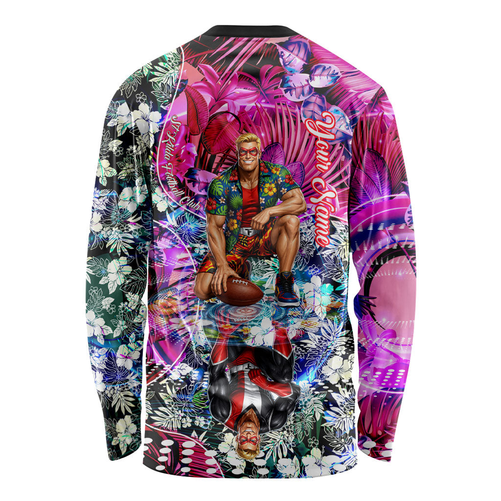 Personalized St Kilda Football Saints Long Sleeve Shirt Tropical Hibiscus Flowers - Pacific Fusion Style