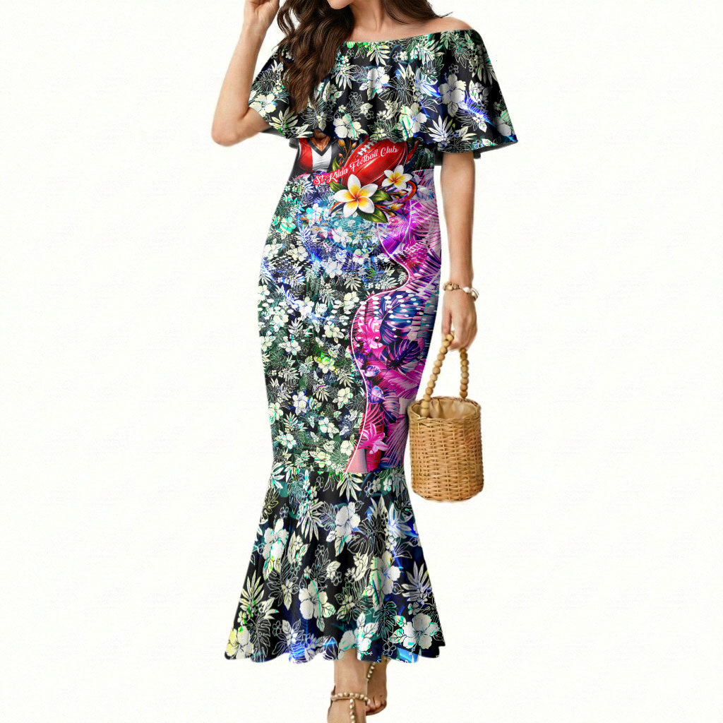Personalized St Kilda Football Saints Mermaid Dress Tropical Hibiscus Flowers - Pacific Fusion Style