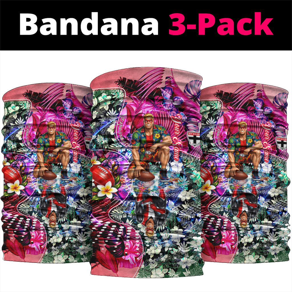 Personalized St Kilda Football Saints Neck Gaiter Tropical Hibiscus Flowers - Pacific Fusion Style