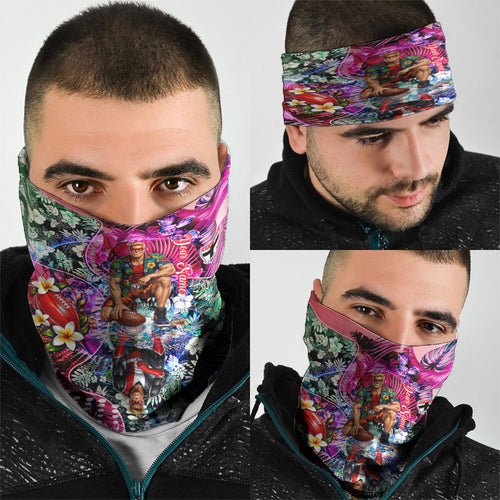 Personalized St Kilda Football Saints Neck Gaiter Tropical Hibiscus Flowers - Pacific Fusion Style