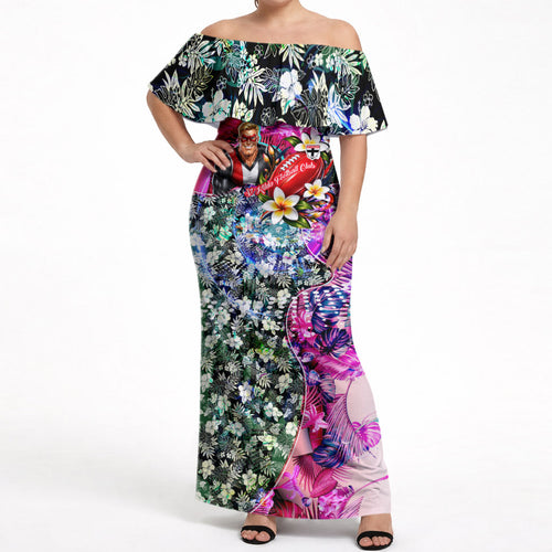 Personalized St Kilda Football Saints Off Shoulder Maxi Dress Tropical Hibiscus Flowers - Pacific Fusion Style