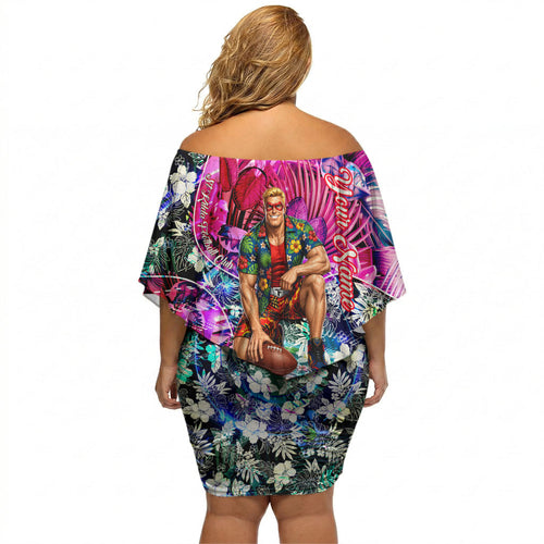 Personalized St Kilda Football Saints Off Shoulder Short Dress Tropical Hibiscus Flowers - Pacific Fusion Style