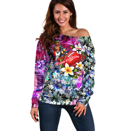 Personalized St Kilda Football Saints Off Shoulder Sweater Tropical Hibiscus Flowers - Pacific Fusion Style