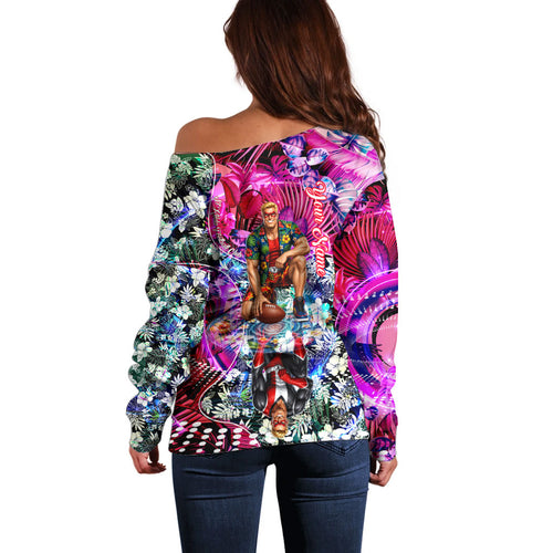 Personalized St Kilda Football Saints Off Shoulder Sweater Tropical Hibiscus Flowers - Pacific Fusion Style