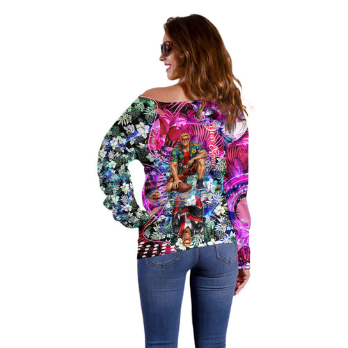 Personalized St Kilda Football Saints Off Shoulder Sweater Tropical Hibiscus Flowers - Pacific Fusion Style