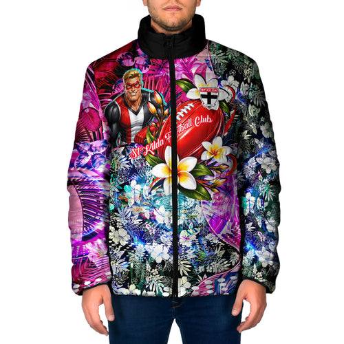 Personalized St Kilda Football Saints Padded Jacket Tropical Hibiscus Flowers - Pacific Fusion Style