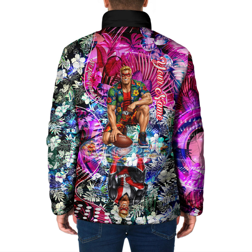 Personalized St Kilda Football Saints Padded Jacket Tropical Hibiscus Flowers - Pacific Fusion Style