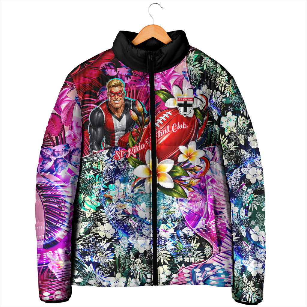 Personalized St Kilda Football Saints Padded Jacket Tropical Hibiscus Flowers - Pacific Fusion Style