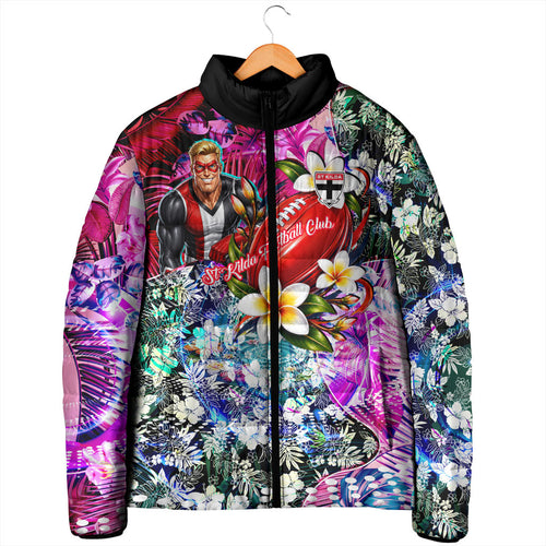 Personalized St Kilda Football Saints Padded Jacket Tropical Hibiscus Flowers - Pacific Fusion Style