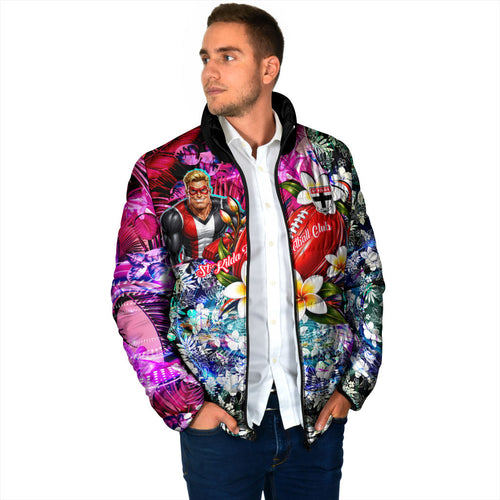 Personalized St Kilda Football Saints Padded Jacket Tropical Hibiscus Flowers - Pacific Fusion Style
