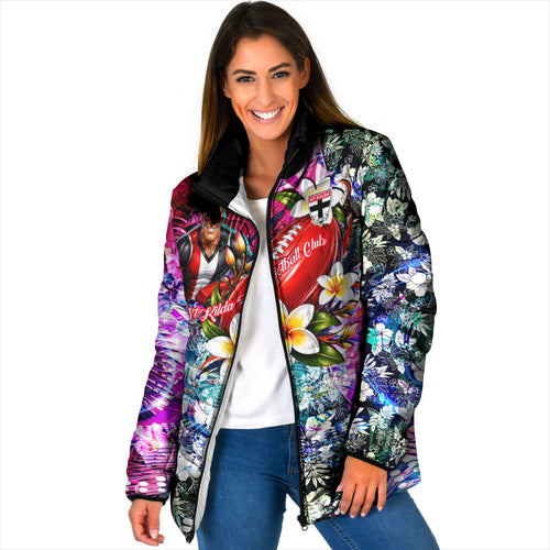 Personalized St Kilda Football Saints Padded Jacket Tropical Hibiscus Flowers - Pacific Fusion Style