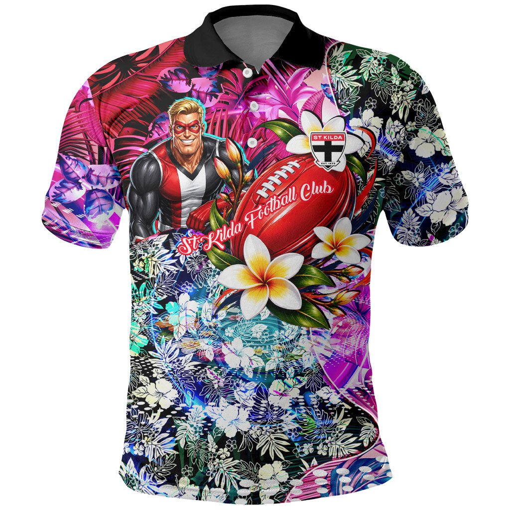 Personalized St Kilda Football Saints Polo Shirt Tropical Hibiscus Flowers - Pacific Fusion Style