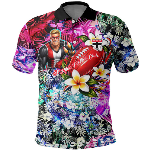 Personalized St Kilda Football Saints Polo Shirt Tropical Hibiscus Flowers - Pacific Fusion Style