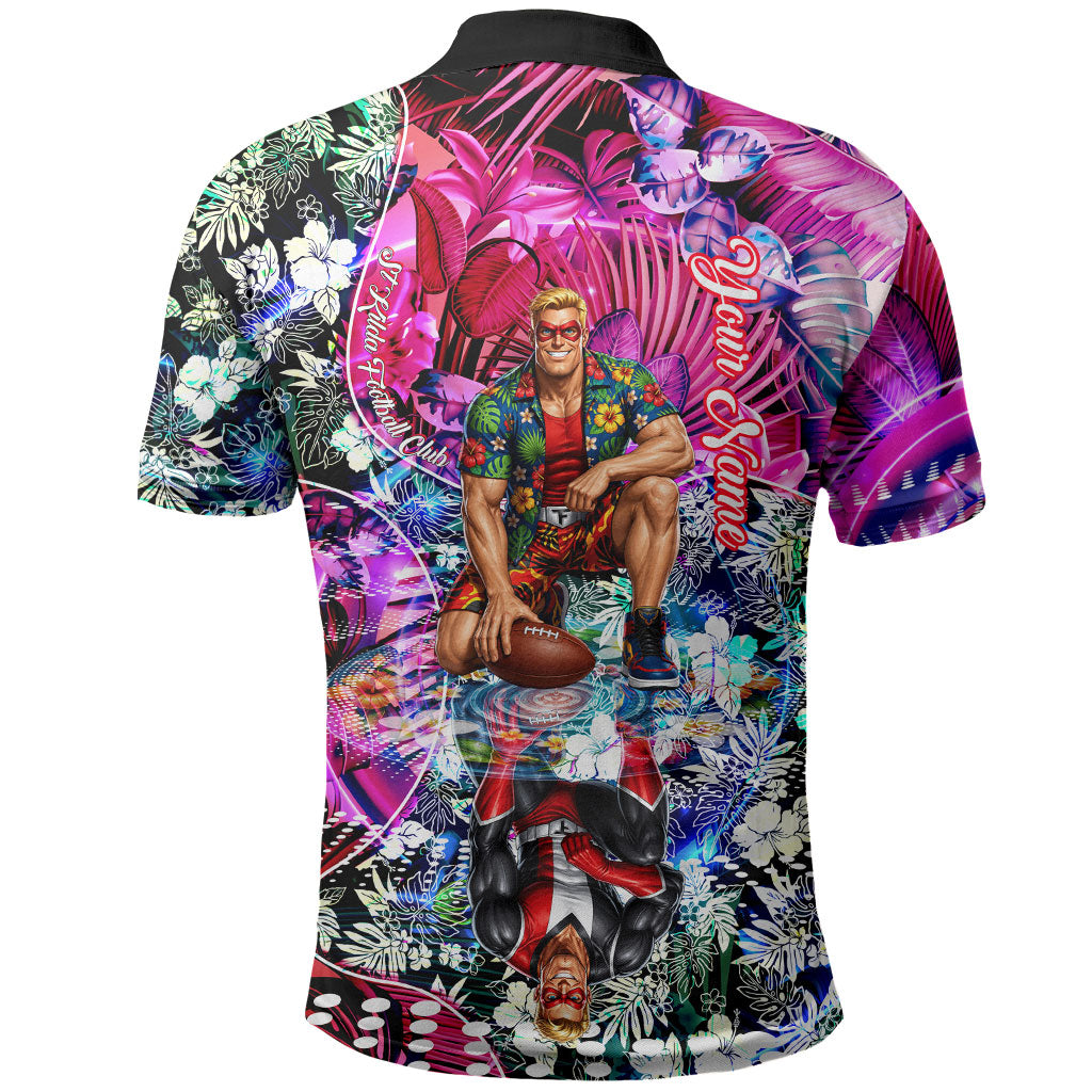 Personalized St Kilda Football Saints Polo Shirt Tropical Hibiscus Flowers - Pacific Fusion Style