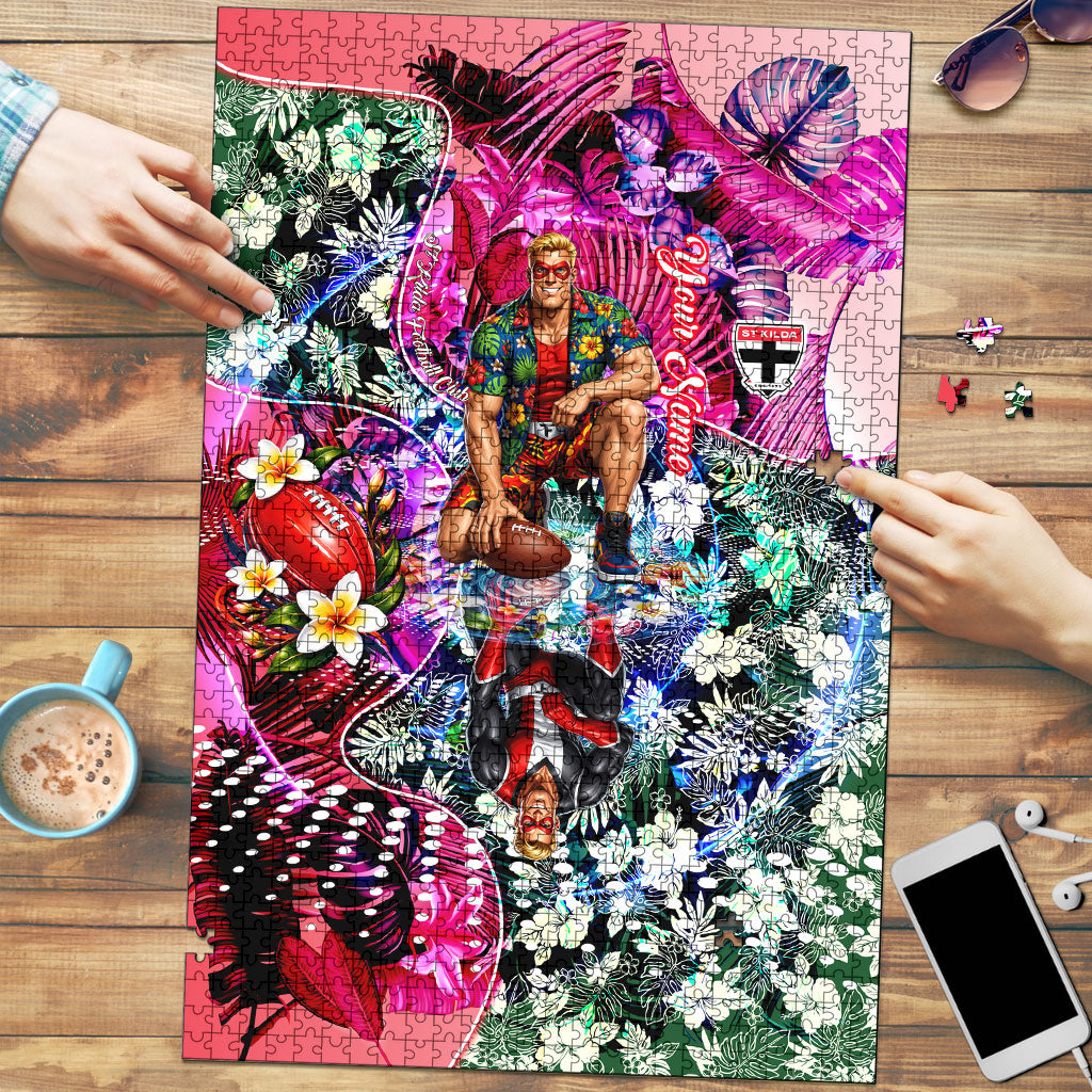 Personalized St Kilda Football Saints Puzzle Tropical Hibiscus Flowers - Pacific Fusion Style