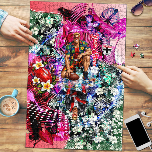 Personalized St Kilda Football Saints Puzzle Tropical Hibiscus Flowers - Pacific Fusion Style
