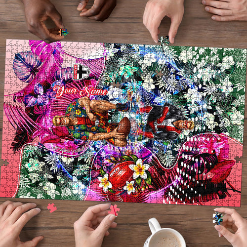 Personalized St Kilda Football Saints Puzzle Tropical Hibiscus Flowers - Pacific Fusion Style