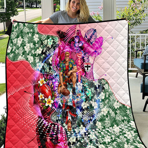 Personalized St Kilda Football Saints Quilt Tropical Hibiscus Flowers - Pacific Fusion Style