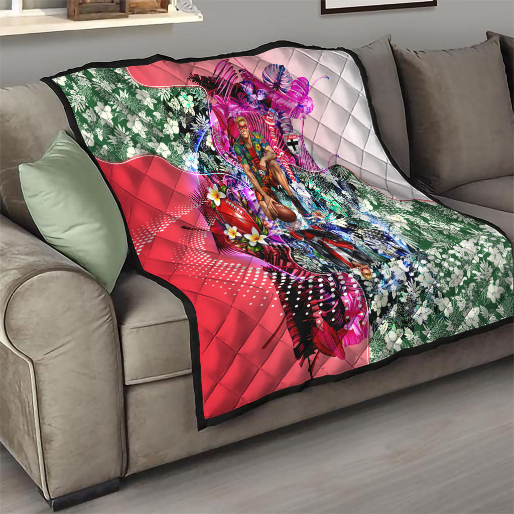 Personalized St Kilda Football Saints Quilt Tropical Hibiscus Flowers - Pacific Fusion Style