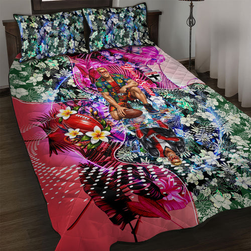 Personalized St Kilda Football Saints Quilt Bed Set Tropical Hibiscus Flowers - Pacific Fusion Style