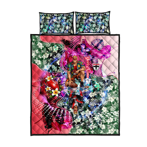 Personalized St Kilda Football Saints Quilt Bed Set Tropical Hibiscus Flowers - Pacific Fusion Style